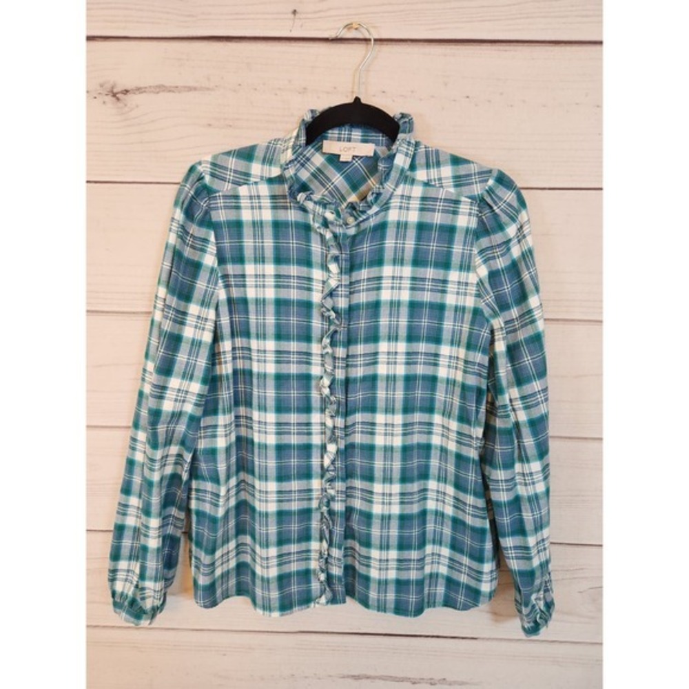Loft Womens Green White Plaid Cotton Long Sleeve Button Front Blouse Size Medium